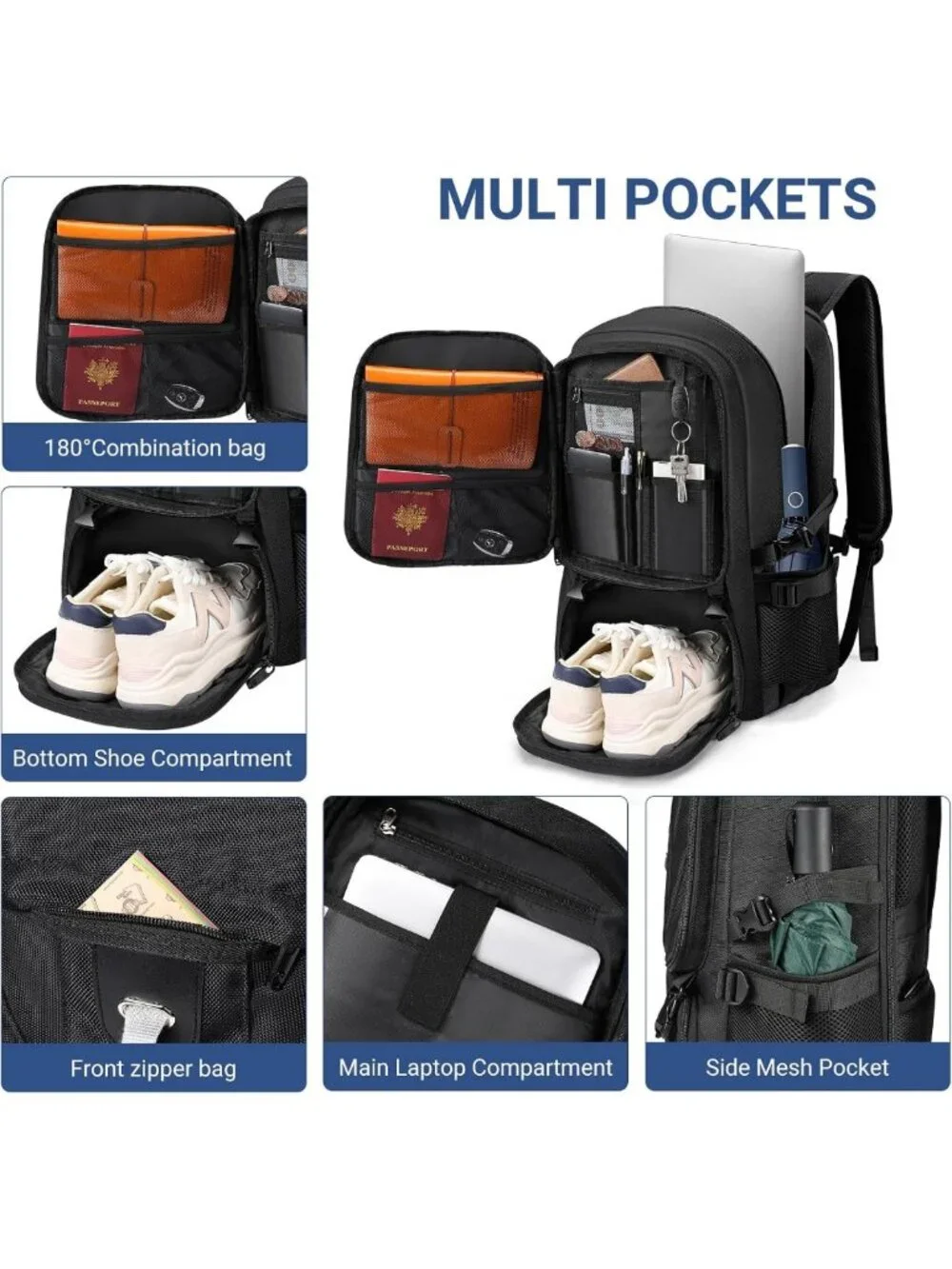 Water-Resistant Travel Laptop Backpack with Shoe Compartment & USB Port - 50L